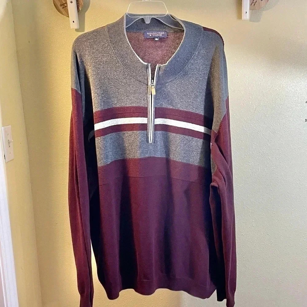 Roundtree & Yorke Men's Size 3XB Pullover Sweater Gray Burgundy Stripe